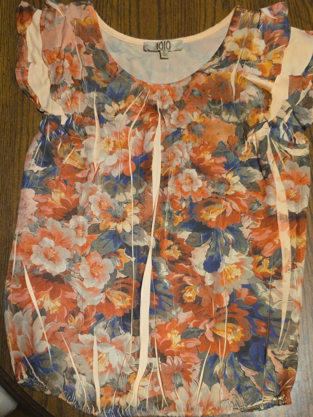 1010 Vibrant Orange & Blue Floral Sleeveless Blouse Size Medium